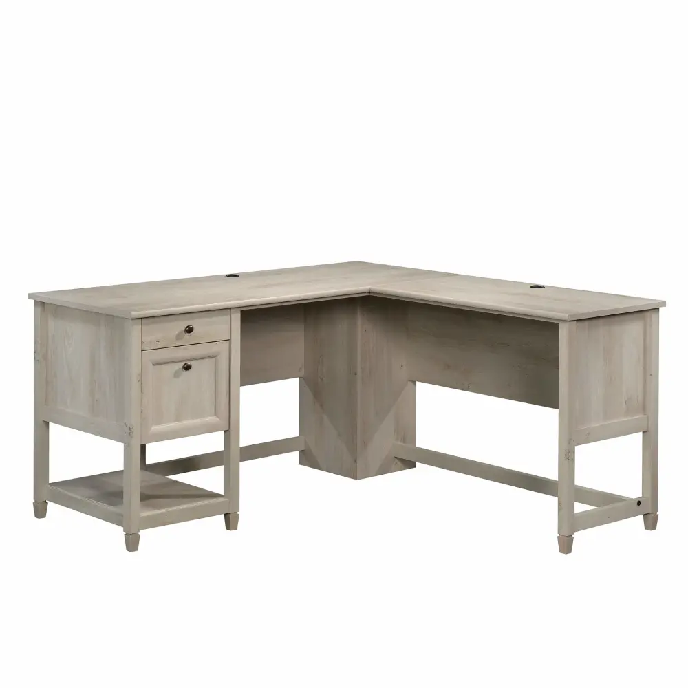 Sauder Edge Water L-Shaped Corner Desk with Storage Drawers and Open Shelf, in Chalked Chestnut