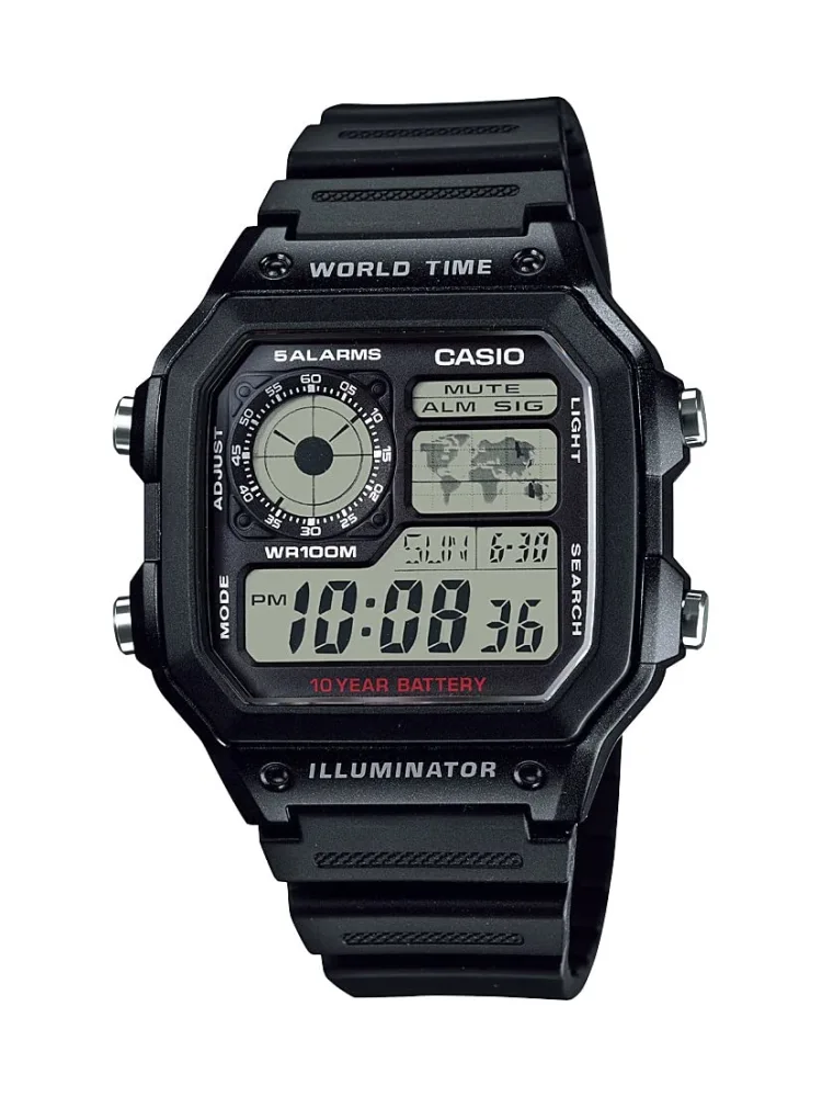 Casio AE1200WH Series | Men’s Digital Watch | 100M WR | Multi Alarms | 100 SEC Stopwatch | Countdown Timer | World Map for World Time | LED Light | LC Analog Display | 10 Year Battery