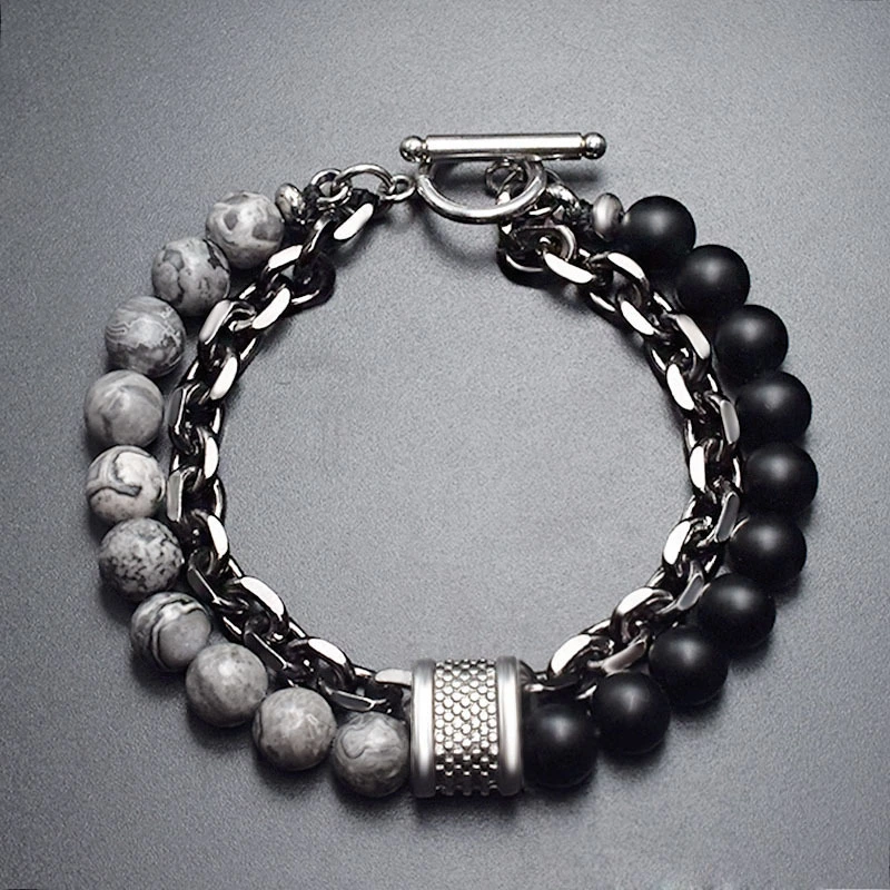 Natural Frosted Stone Men's Bracelet Beaded Metal