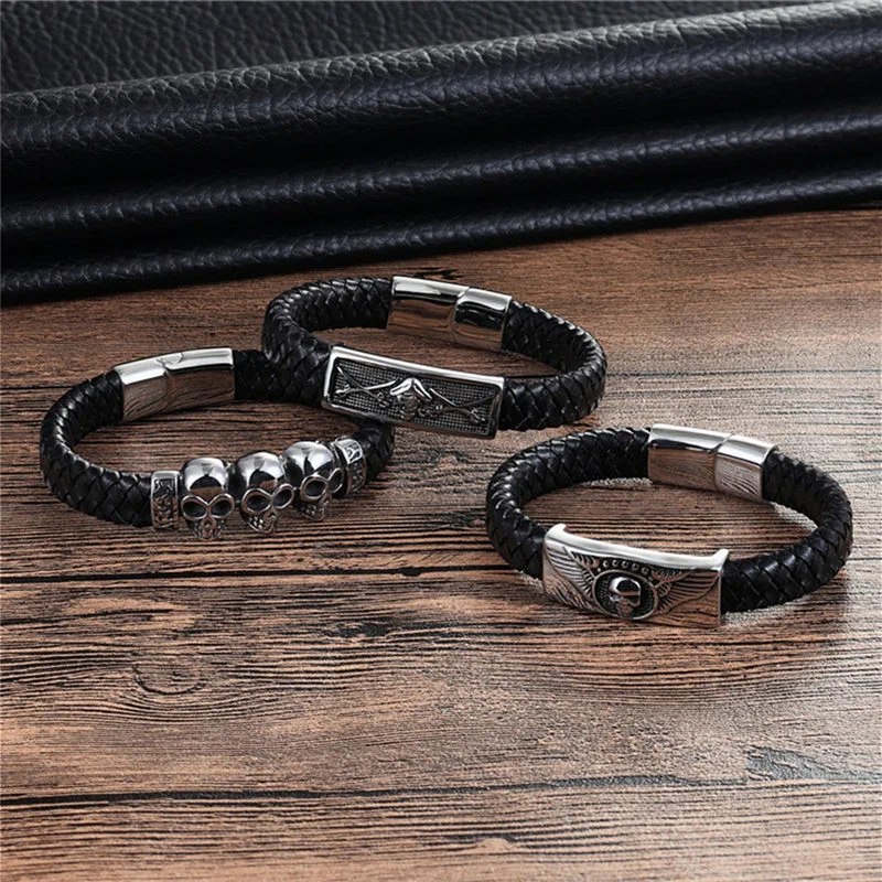 MKENDN Fashion Braided Leather Bracelets Skull Bracelet Punk Wrap Bracelet Stainless Steel Magnetic Buckle Fashion Bangles