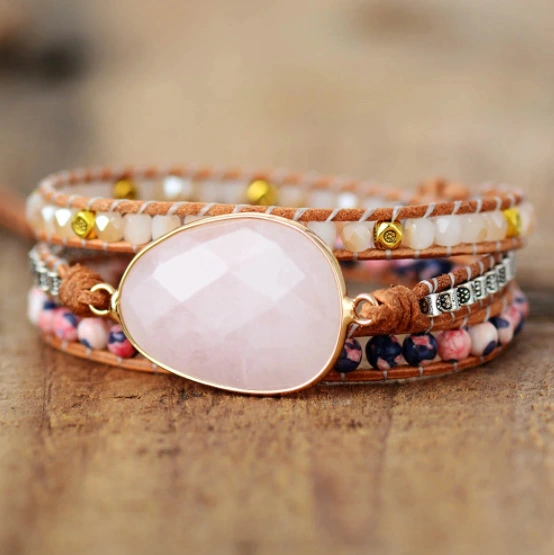 Female Winding Bracelet Pink Crystal Stone Retro Woven Fancy Girl Bracelet