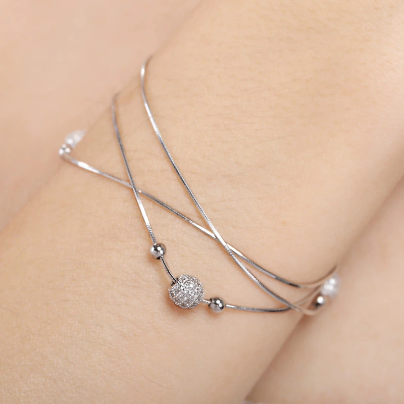 Japanese And Korean Version Of Fashion Personality Small  Bracelet S925 Silver Inlaid Zircon To Meet The Round Bead To Bead Multi-Layer Bracelet Female