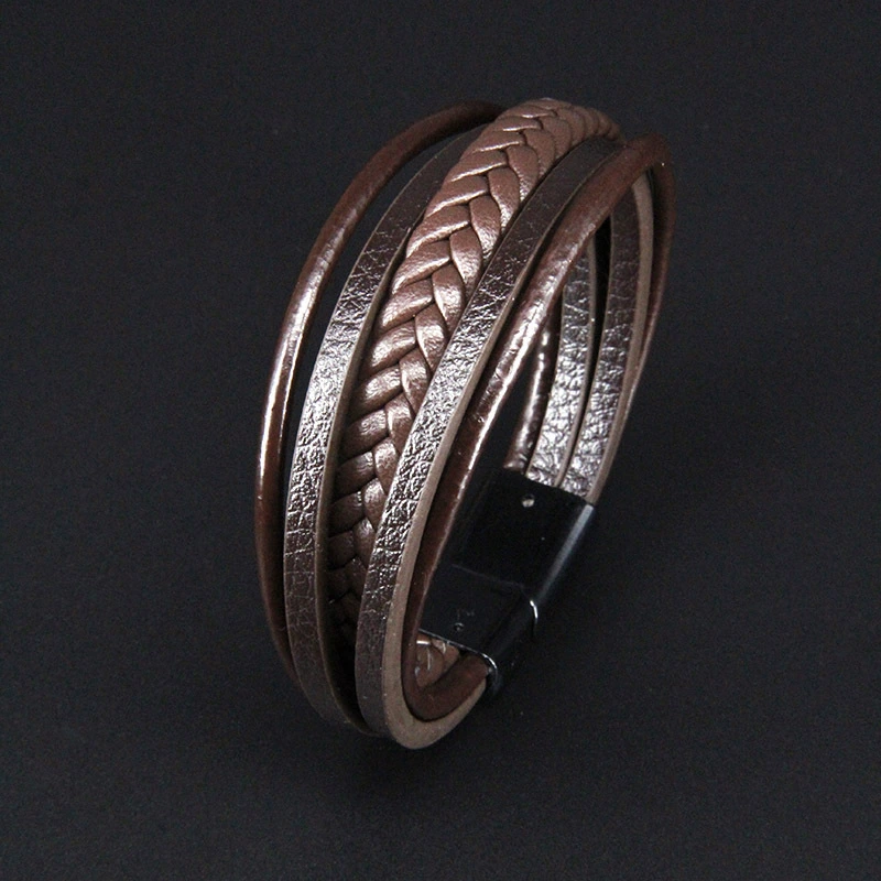 Multi Layer Pu Leather Rope Hand Woven Antique Magnetic Buckle Jewelry Bracelet Men'S Bracelet