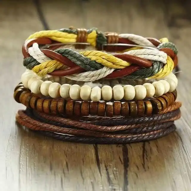 Vintage Braided Leather Cord Set Bracelet, Cowhide Bracelet, Men's Leather Bracelet