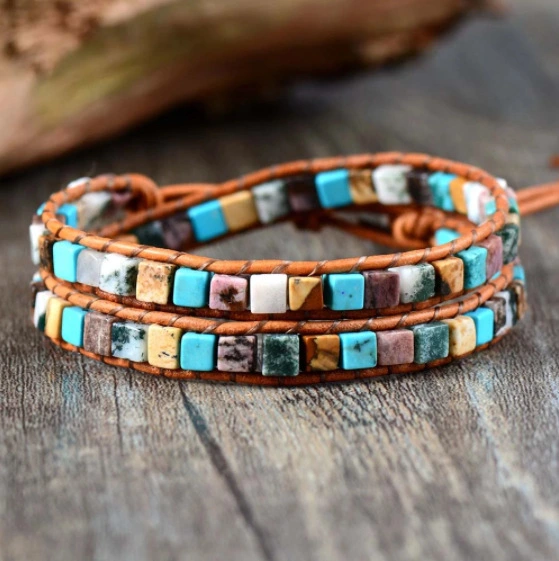 Leather Bracelet Mixed Natural Stone Vintage Hand-woven