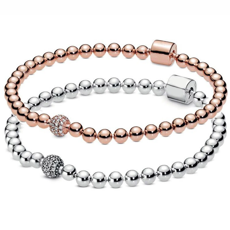 S925 Sterling Silver Rose Gold Diamond Bracelet Silver Bead Chain