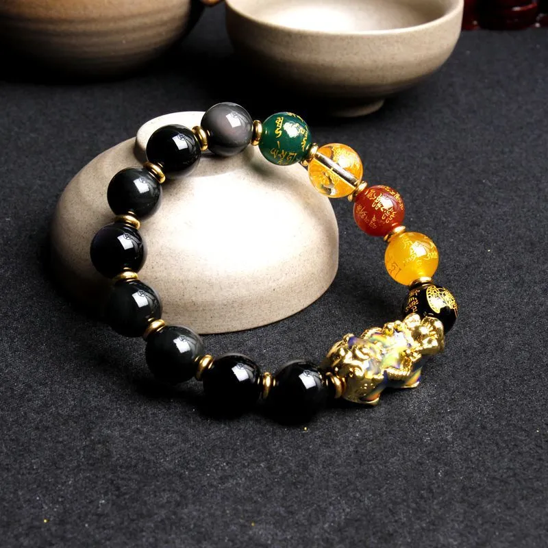 Natural Obsidian Bracelet Men's Five Way God Of Wealth