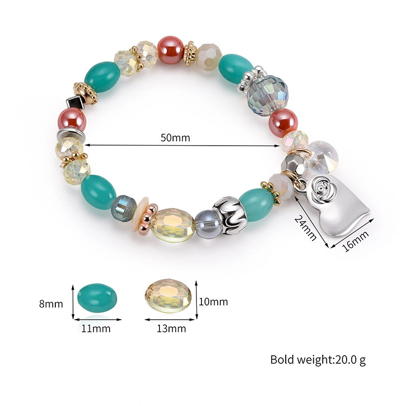 Green Crystal Fashion Love Pendant Mixed Bead Bracelet