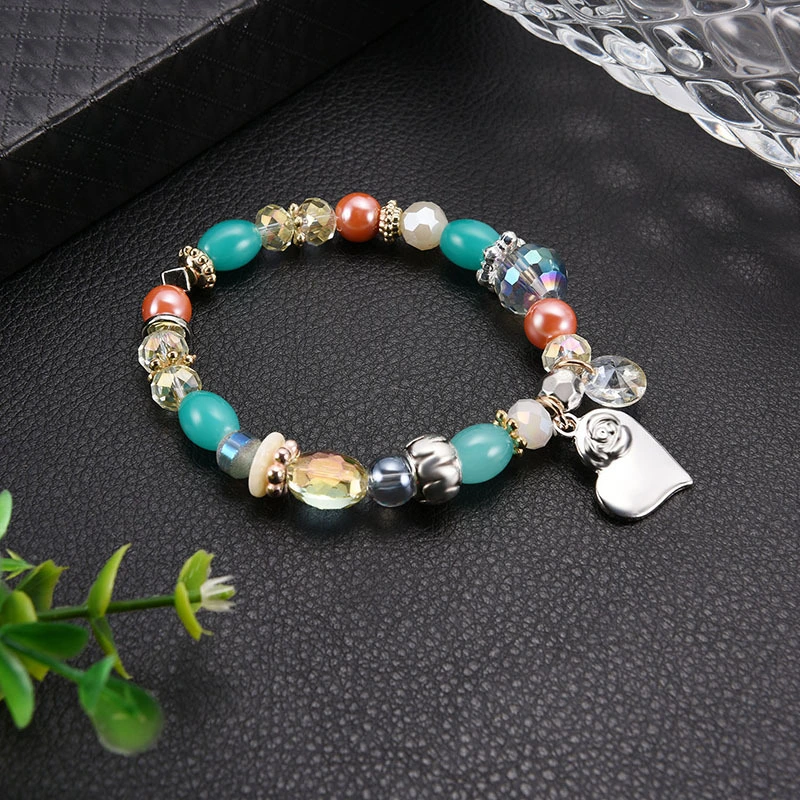 Green Crystal Fashion Love Pendant Mixed Bead Bracelet