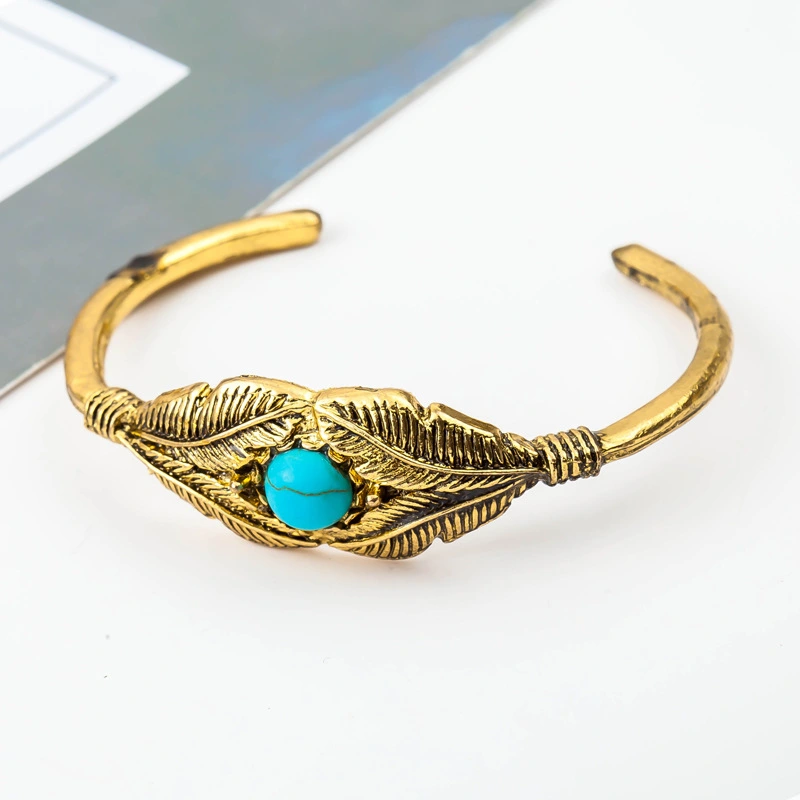 European And American New Retro Turquoise Feather Leaf Bracelet