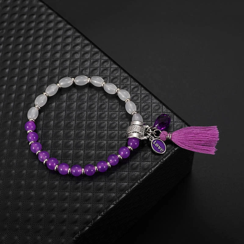 Explosive Glass Crystal Purple And White Two-tone Beaded Tassel Pendant Bracelet