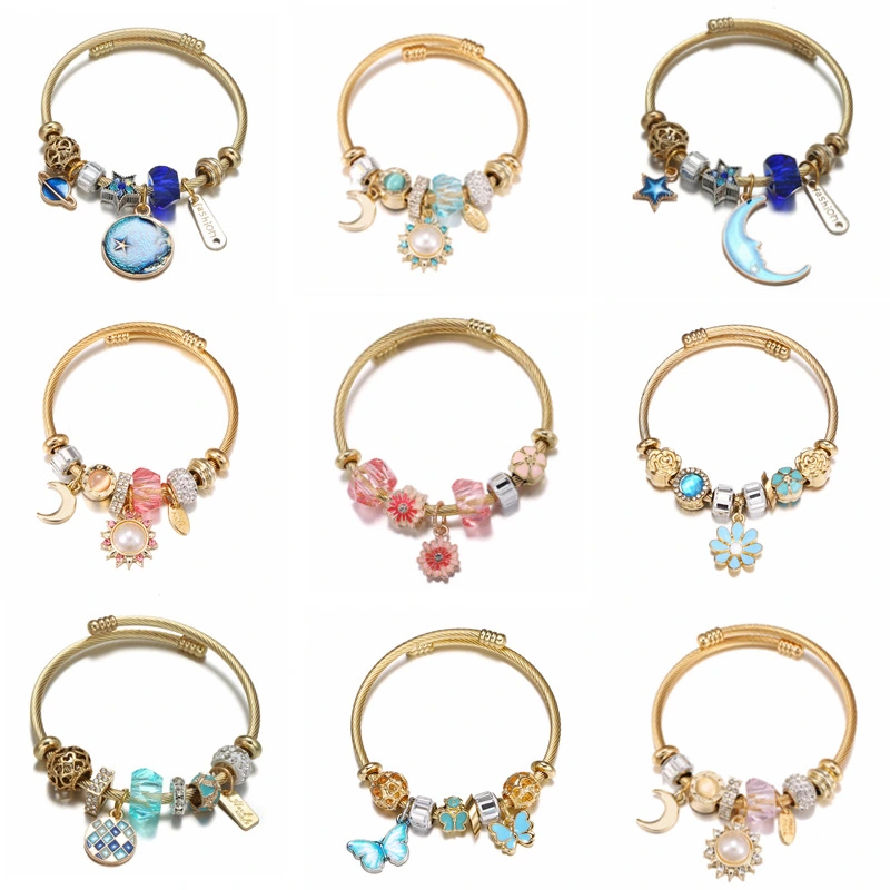 Stainless Steel Bracelet Series Star Mosaic Sun Flower Pendant Golden Bracelet