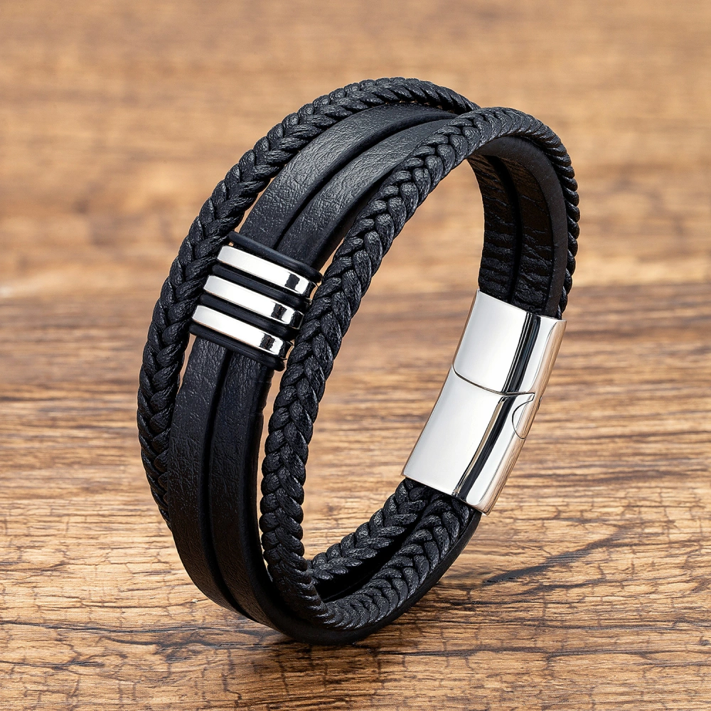 Casual Leather Stainless Steel Magnet Buckle Braided Bracelet