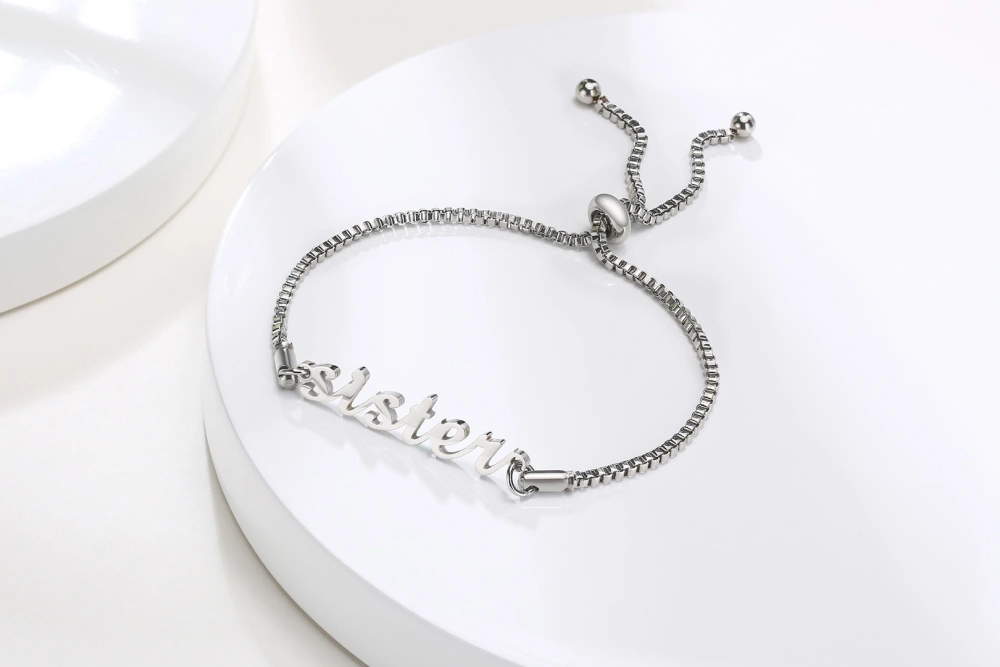 Stainless Steel English Sister Mom Nana Box Chain Adjustable Bracelet For Women