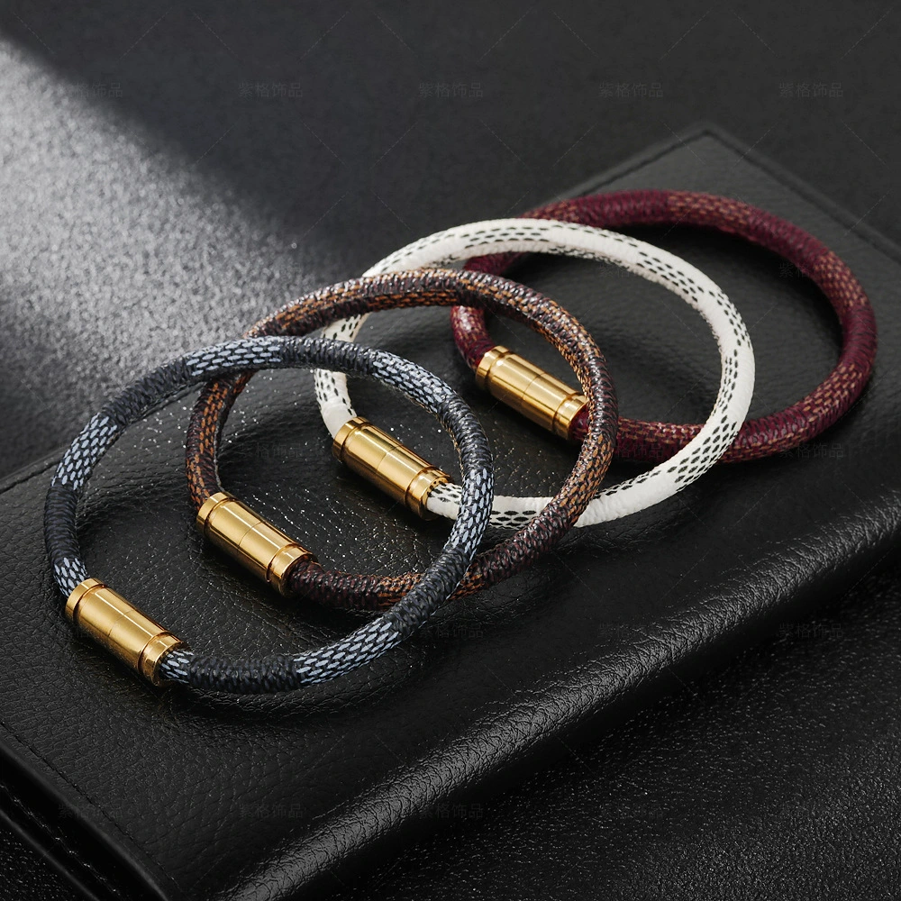 Stainless Steel Magnetic Buckle Leather Striped Bracelet