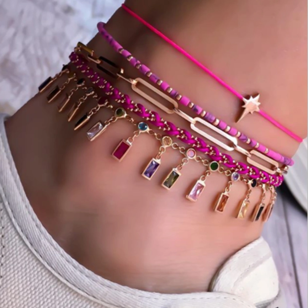 Creative Retro Bohemian Colored Gemstone 5-piece Anklet