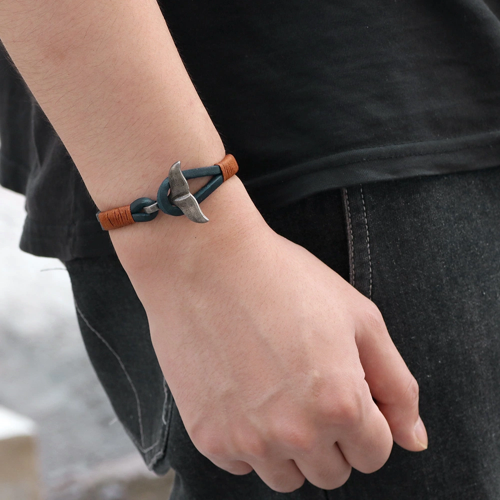 New Men's Whale Tail Alloy Leather Hand-woven Bracelet