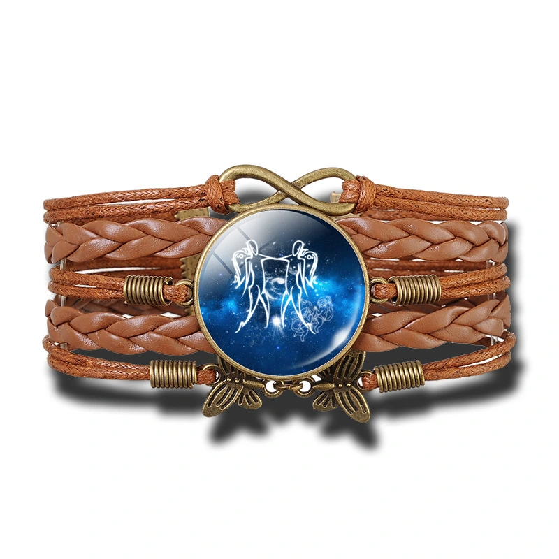 Creative Twelve Constellation Retro Woven Gem Leather Bracelet