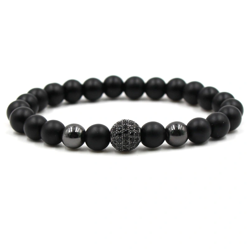 Micro-inlaid black zircon round beads bracelet