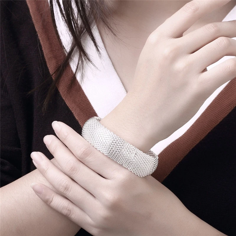 Fashion Big Closed Mesh 925 Silver Plated Bracelet