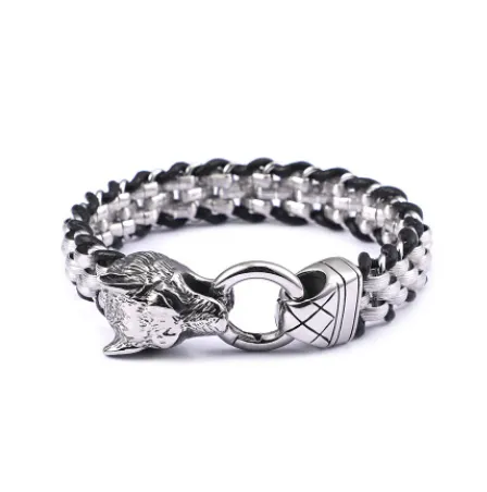 Titanium Wolf Head Men's Bracelet