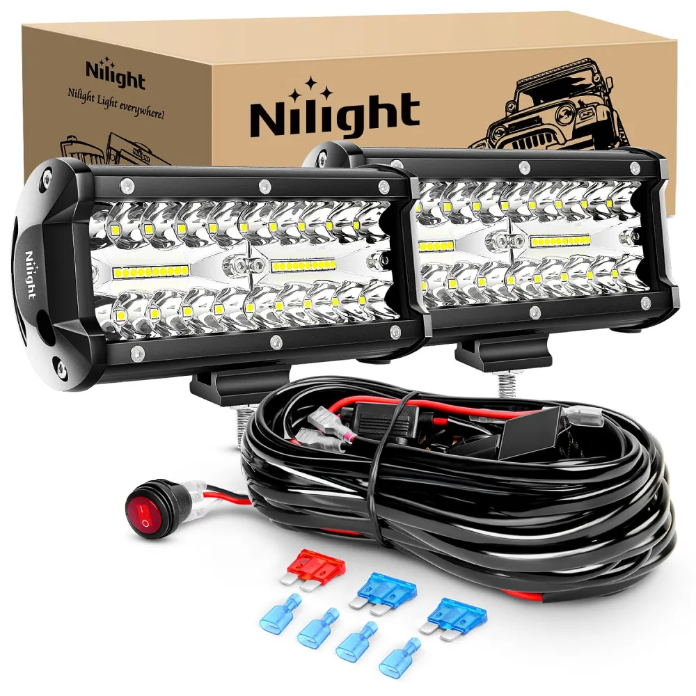 Nilight ZH303 2PCS 6.5 Inch 120W Spot & Flood Combo Driving 16AWG Wiring Harness for Led Work Light Triple Rows Off-Road Truck Car ATV SUV, 2 Years Warranty, White