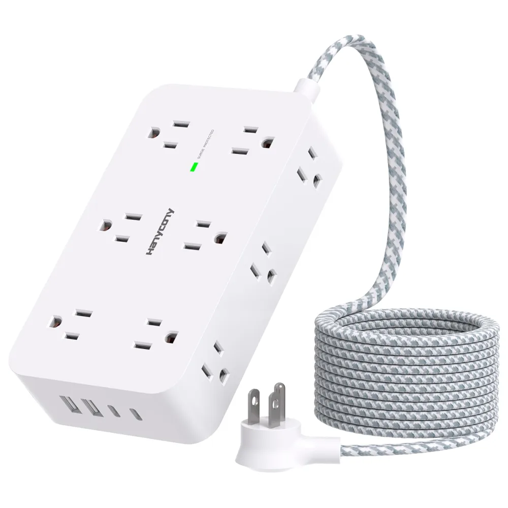 Power Strip Surge Protector, 12 Multiplie Outlets 4 USB Ports (2USB C), 5Ft Braided Extension Cord Flat Plug, Overload Surge Protection, Wall Mount, Desk for Office Home College Dorm Room Essentials