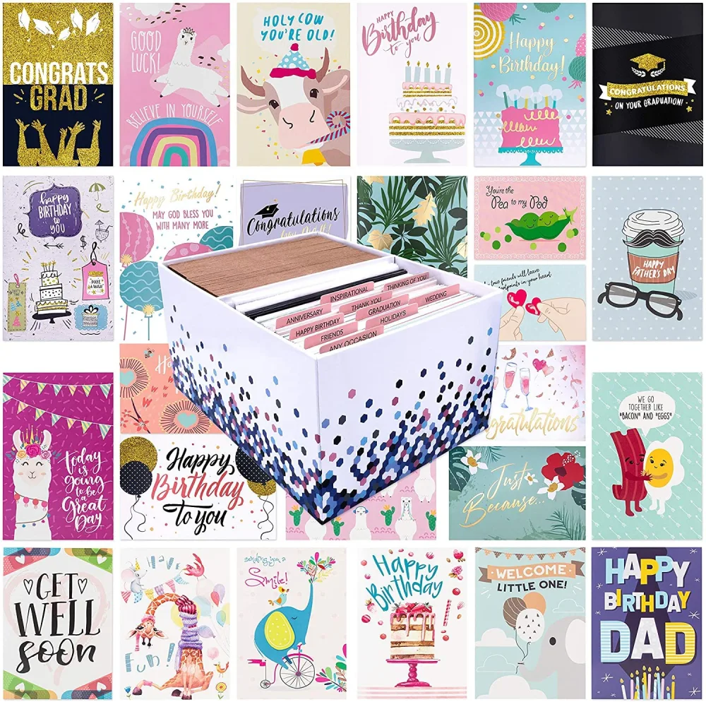 100 All Occasion Greeting Cards- 100 Eye Catching Designs with Organizer Box- Friendship /Anniversary Cards, BFF Cards, Thanks Cards, Wedding Cards & More- 4 x 6 with 100 Envelopes