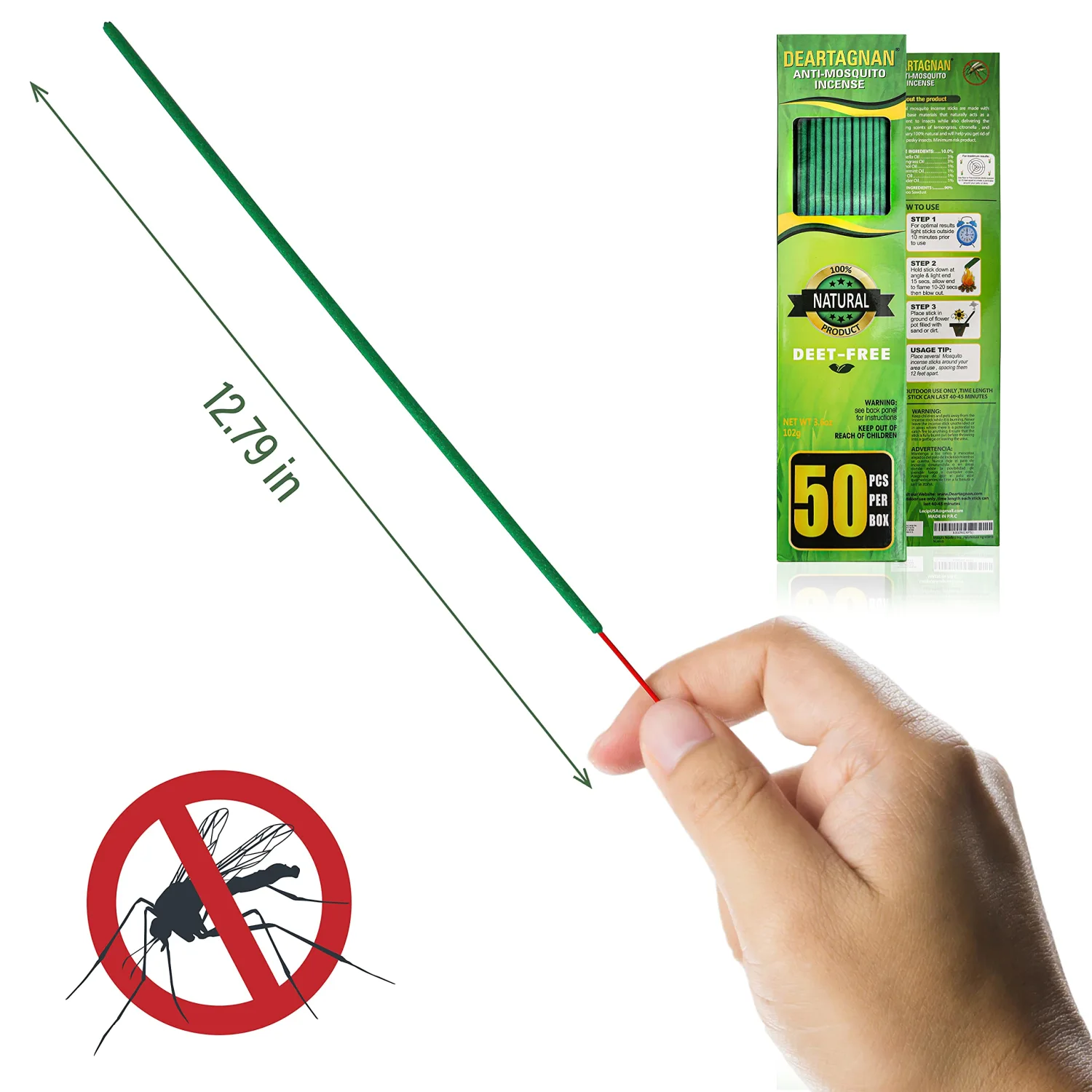 Mosquito Repellent Incense Sticks 50 Pieces per Box, Repellent for Patio/Natural Ingredients Citronella Oil/Lemongrass Oil/Made with Natural Based Essential - DEET Free - Mosquito Repellent Outdoor