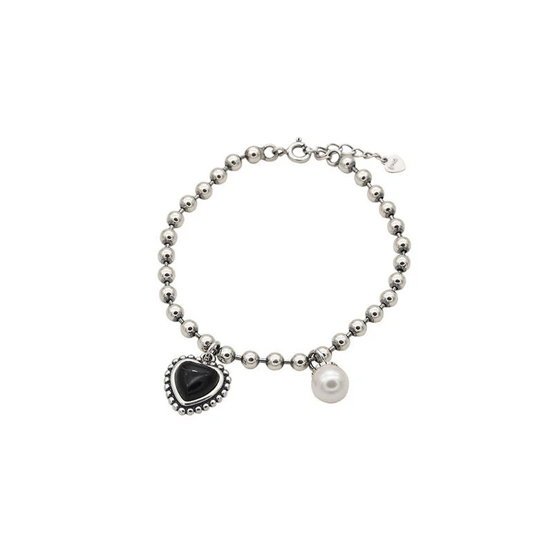 Korea 925 Sterling Silver Black Love Pearl Bracelet Female Student Ins Temperament