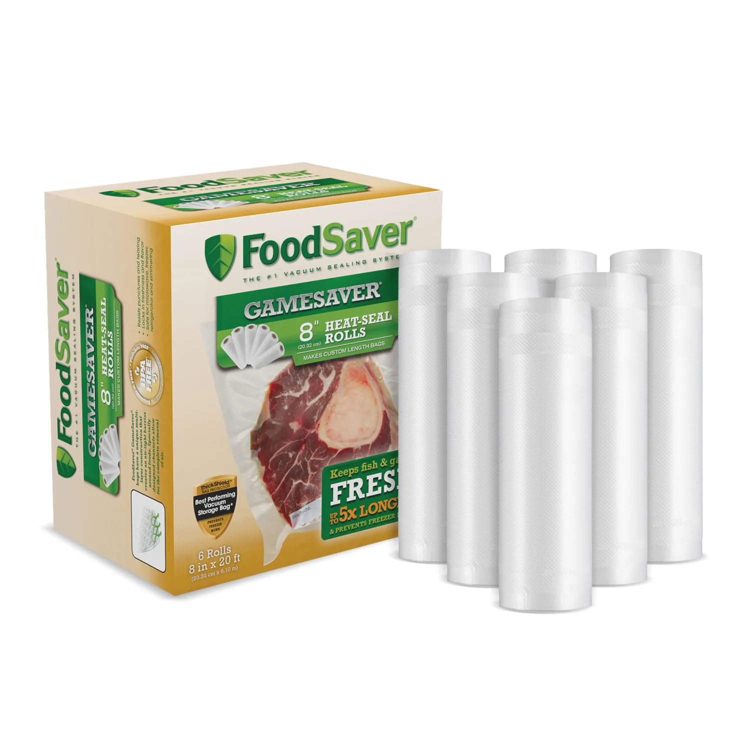 FoodSaver GameSaver Vacuum Sealer Bags, Rolls for Custom Fit Airtight Food Storage and Sous Vide, 8" x 20' (Pack of 6),Green