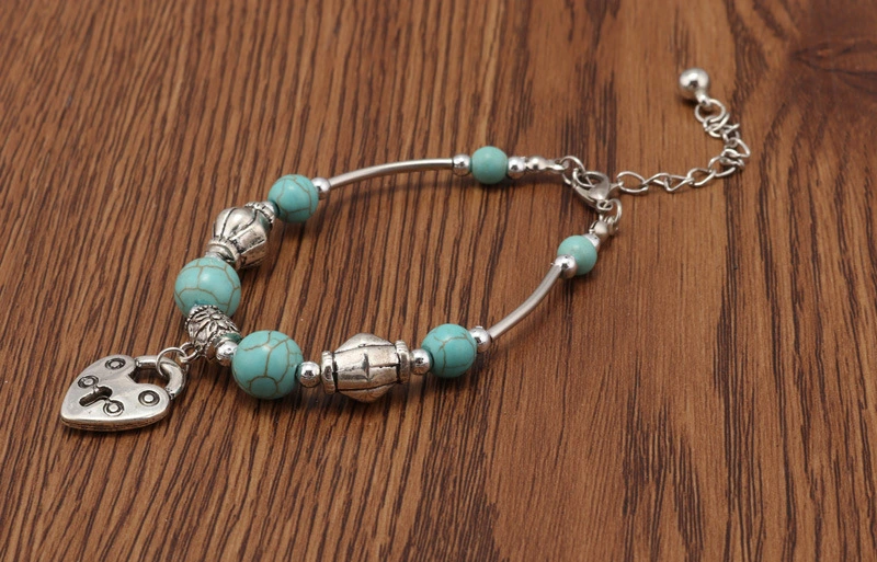 Heart-shaped Lock Pendant Vintage Turquoise Beaded Bracelet