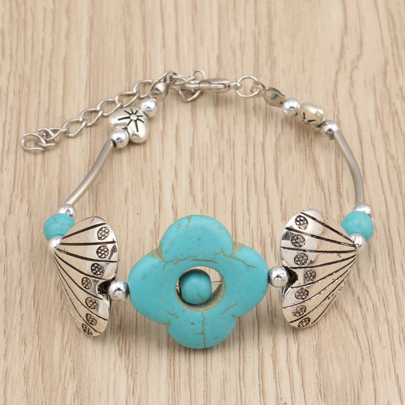 Vintage Bohemian Turquoise Bracelet, Shell Alloy, Four Leaves