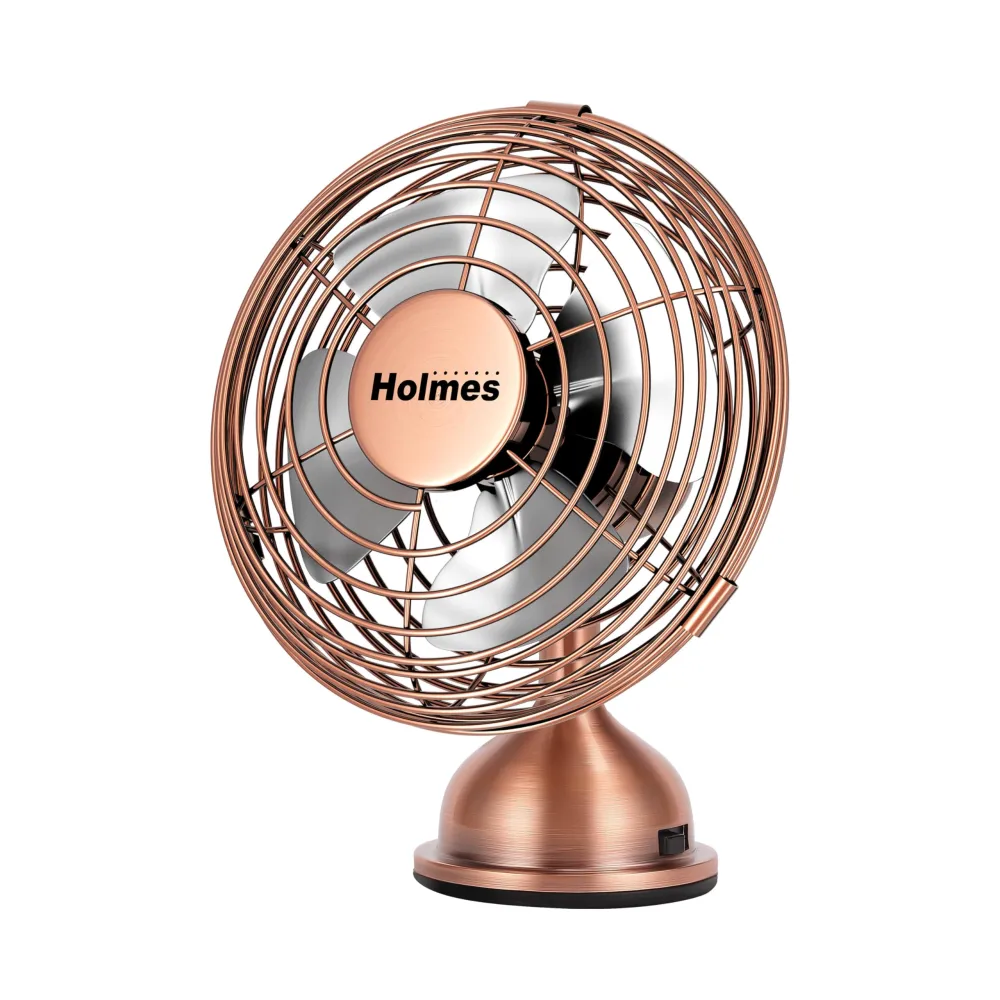 HOLMES 4" Mini Heritage Desk Fan, USB-Powered, Single Speed, 4 Blades, Adjustable 100° Head Tilt, Metal Construction, Ideal for Home, Dorm Rooms, Bedrooms, Office or Travel, Vintage Brushed Copper