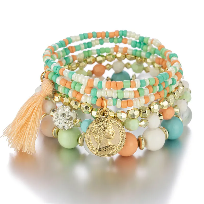 Beauty Head Coin Coin Multi Layer Rice Bead Bracelet