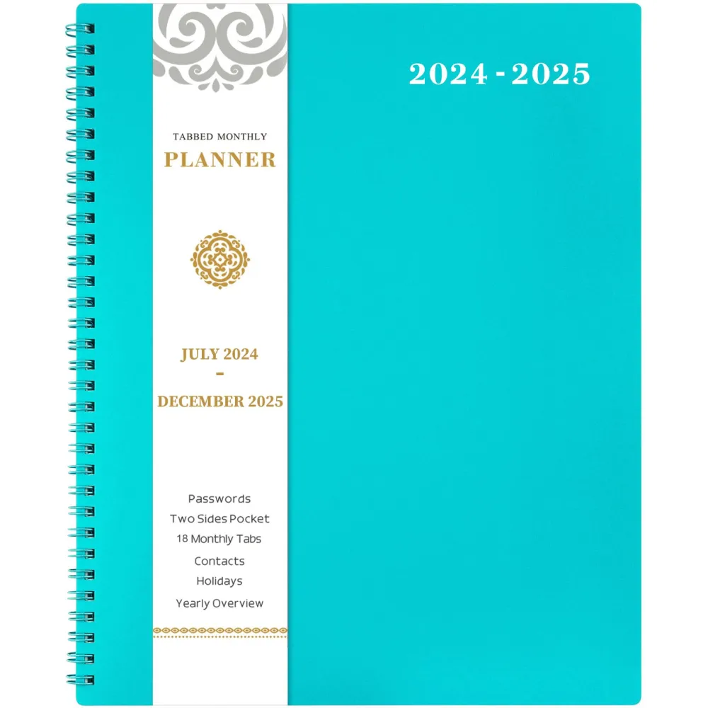 Monthly Planner 2024-2025 - Monthly Planner, JUL 2024 - DEC 2025, 9" x 11", 18-Month Planner 2024-2025 with Tabs, Pocket, Label, Contacts and Passwords, Twin-Wire Binding - Blue