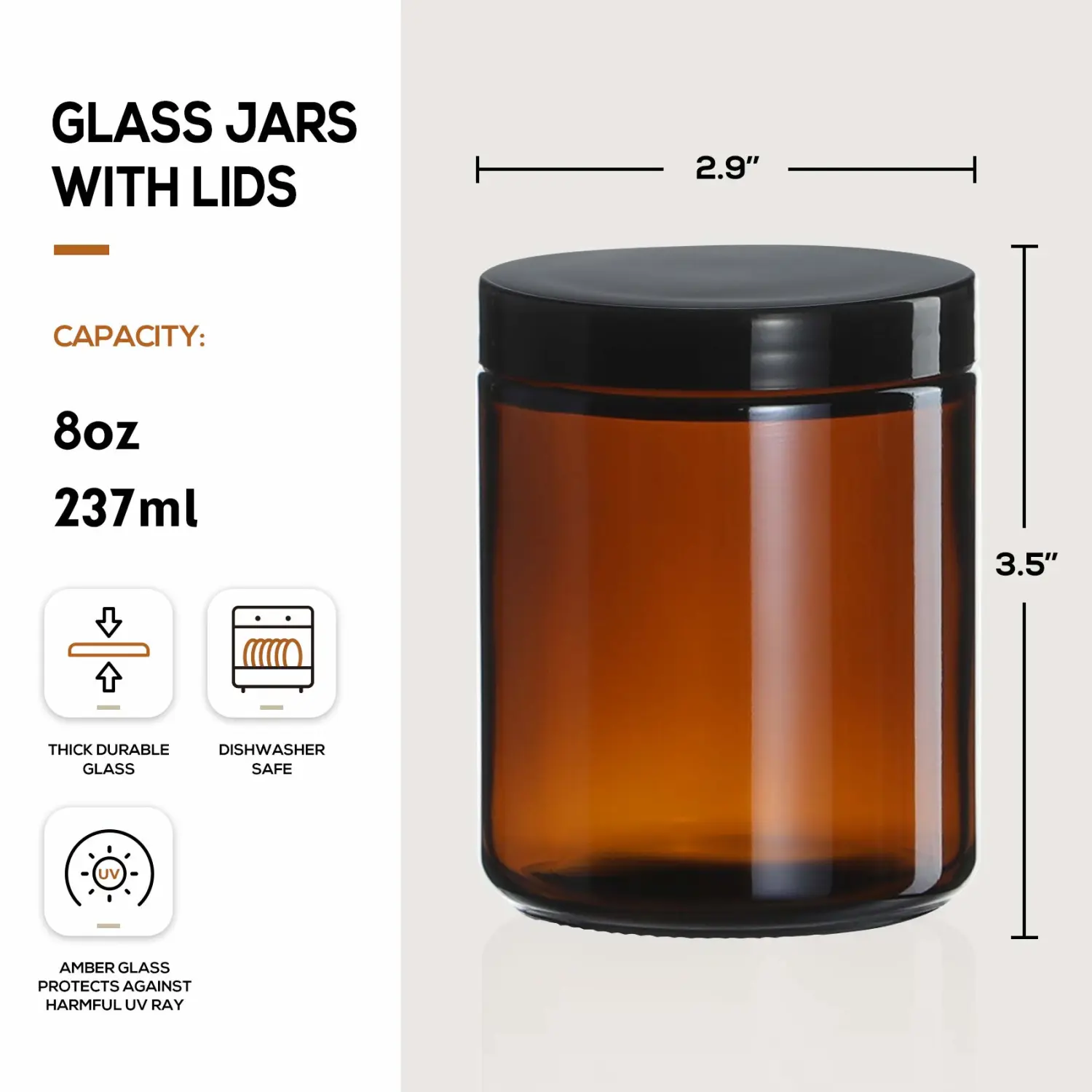12 Pack, 8 OZ Thick Glass Jars with Lids, Dark Amber Candle Jars with 12 Metal & 12 Plastic Lids - Empty Round Food Storage Containers, Canning Jar For Spice, Powder, Liquid, Sample - Dishwasher Safe