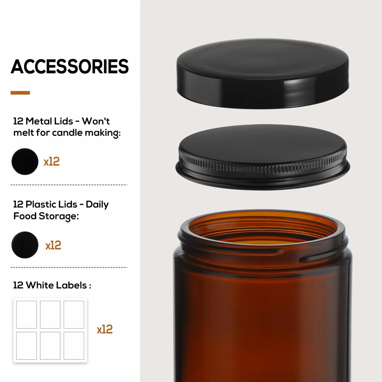 12 Pack, 8 OZ Thick Glass Jars with Lids, Dark Amber Candle Jars with 12 Metal & 12 Plastic Lids - Empty Round Food Storage Containers, Canning Jar For Spice, Powder, Liquid, Sample - Dishwasher Safe