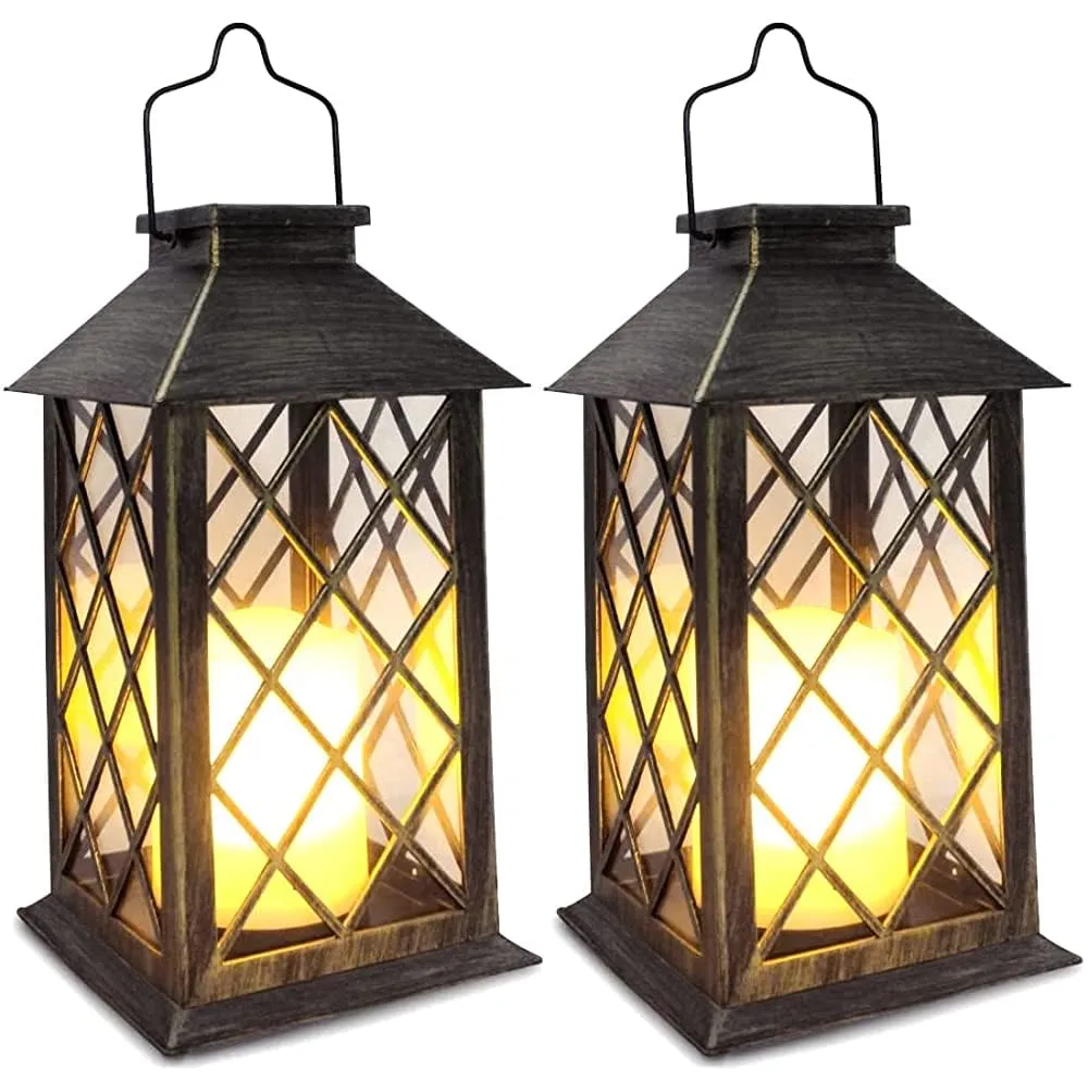 SHYMERY Solar Lantern,Outdoor Garden Hanging Lanterns,2 Pack 14 Inch Lasts 3X Longer 10 lumens Waterproof LED Flickering Flameless Candle Mission Lights for Table,Outdoor,Party Decorative