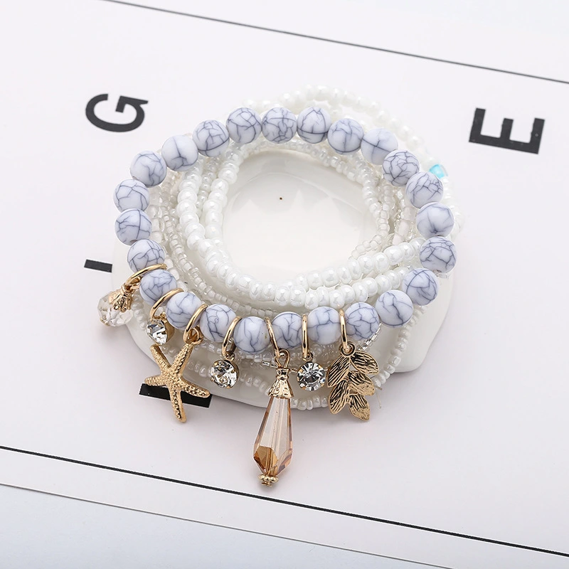 Ocean Wind Alloy Starfish Pendant Multi-layer Rice Bead Bracelet