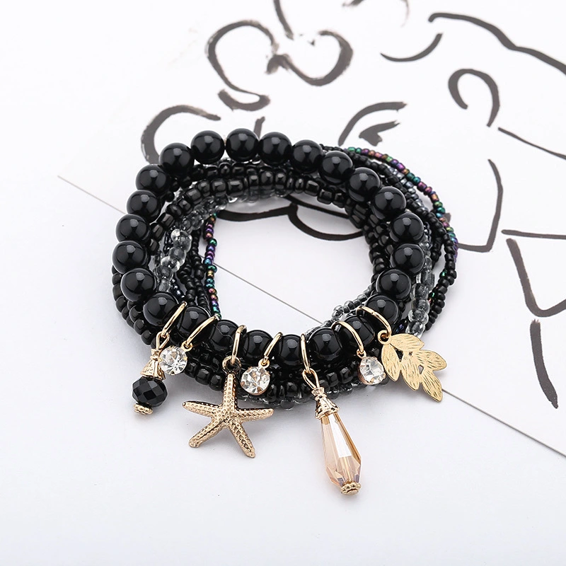 Ocean Wind Alloy Starfish Pendant Multi-layer Rice Bead Bracelet