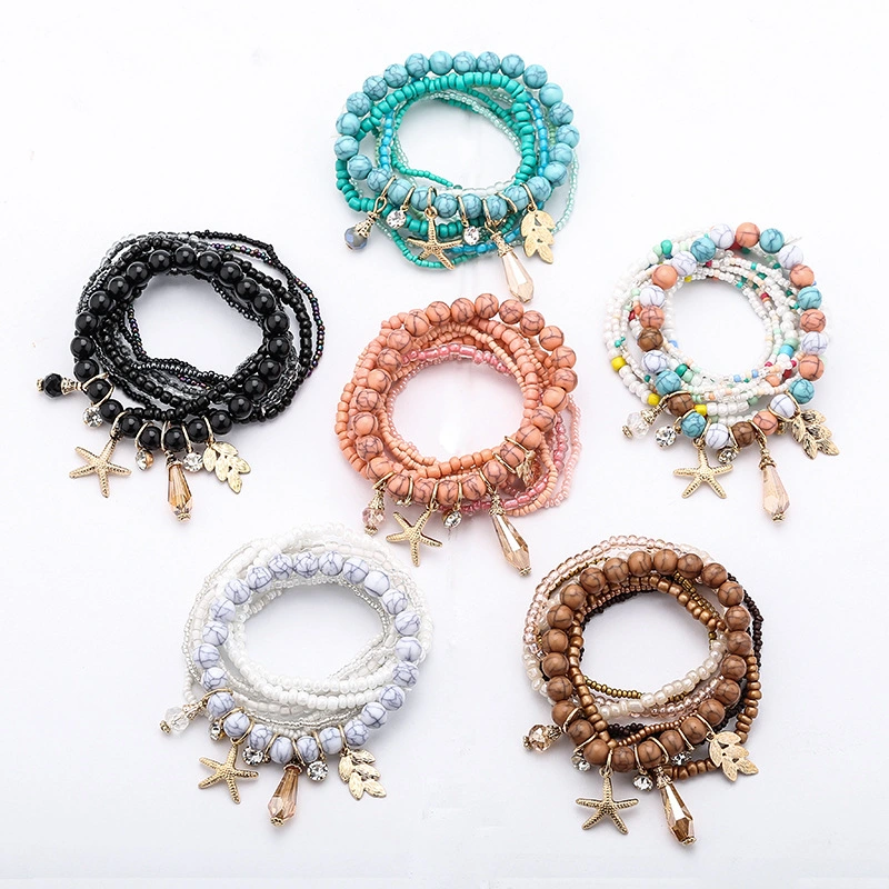 Ocean Wind Alloy Starfish Pendant Multi-layer Rice Bead Bracelet