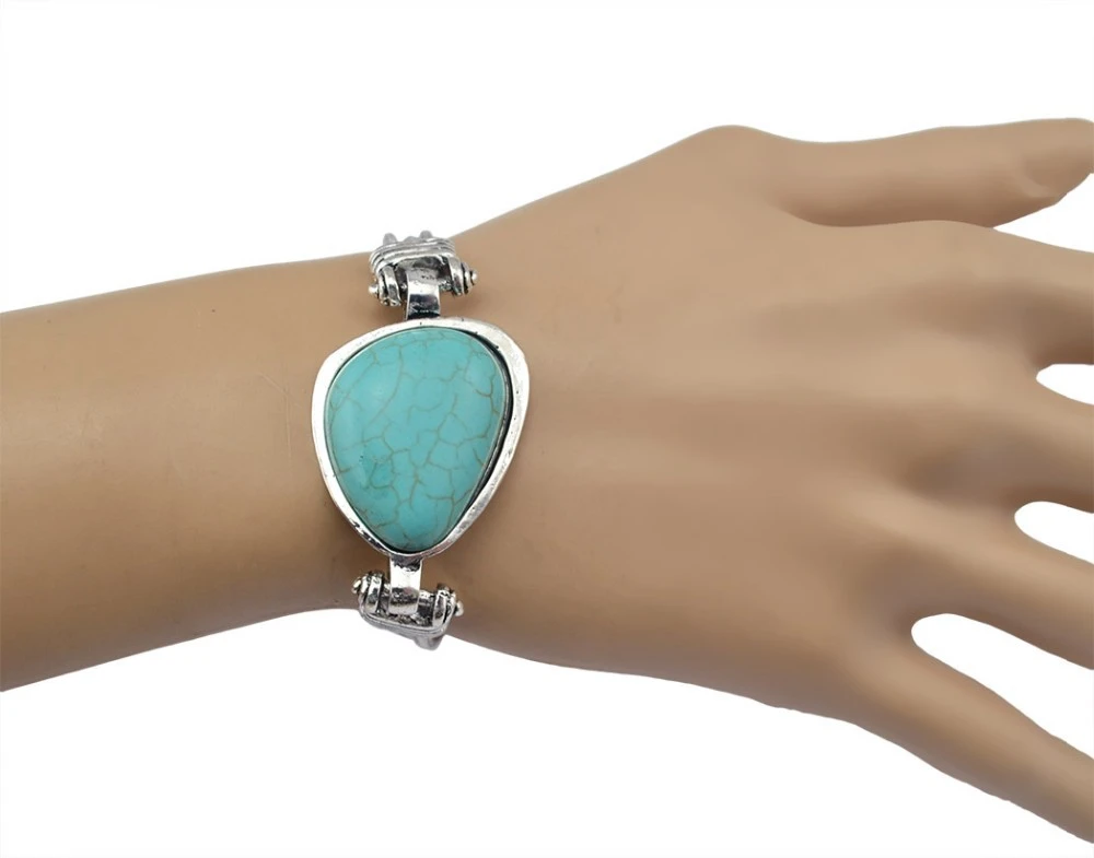 Exaggerated Turquoise Imitation Thai Silver Elliptical Geometric Bracelet