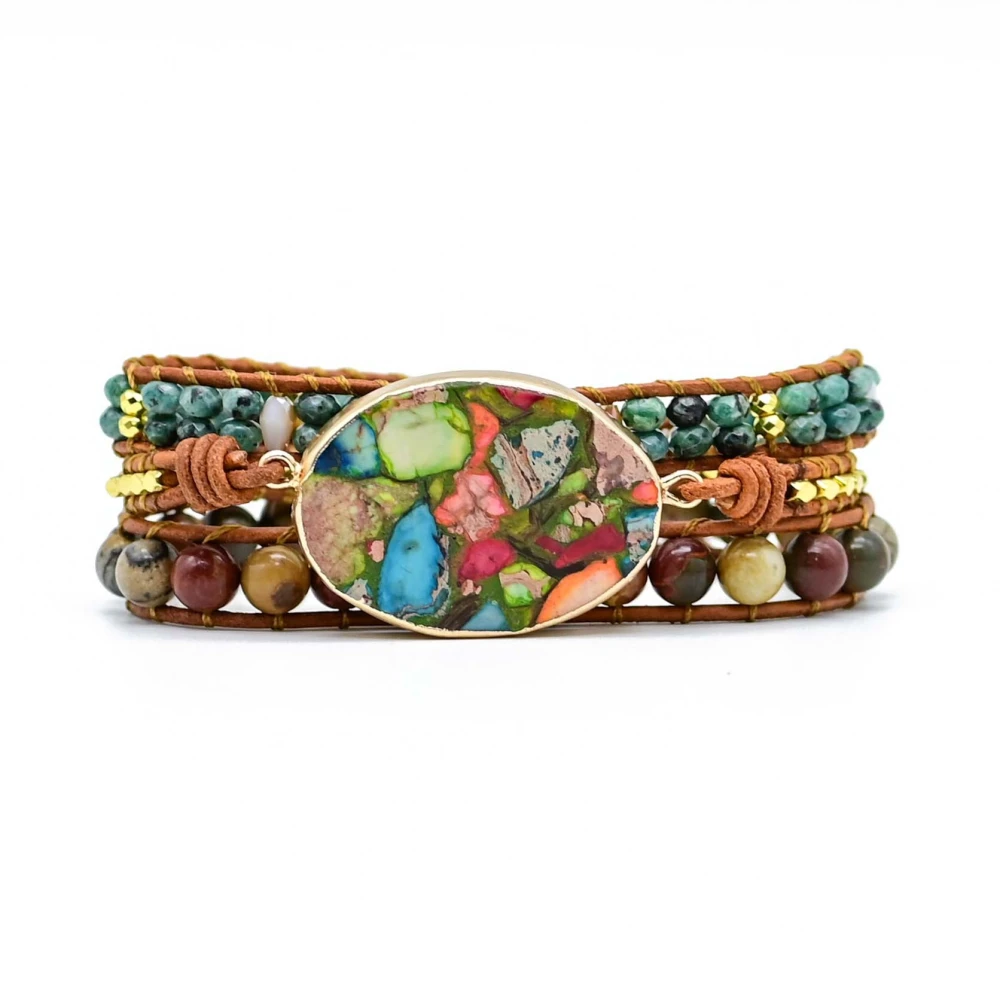 Multicolor Color Matching Natural Stone Cowhide Bracelet