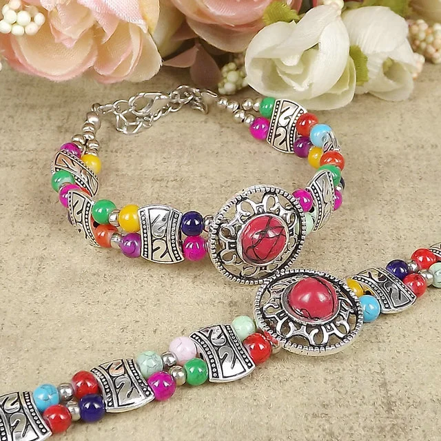 Tibetan Decorated Color Beads Double Row Bracelet