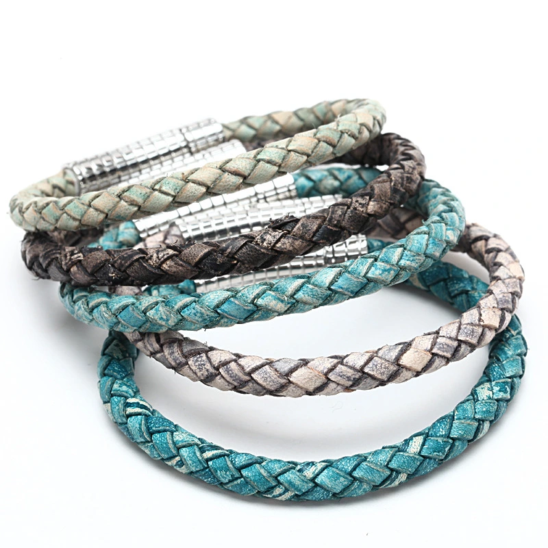 Blue Braided Cowhide Rope Stainless Steel Bracelet