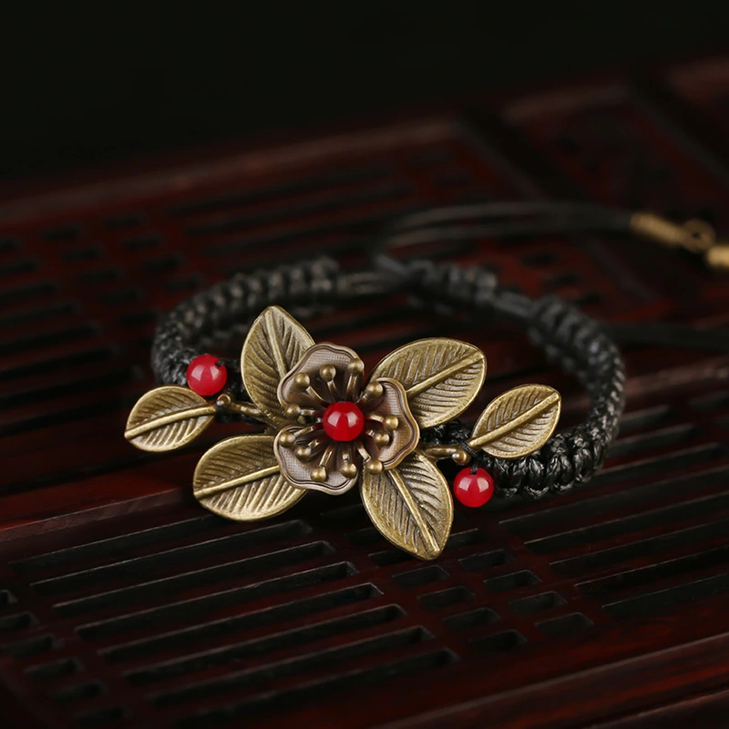 Flower and leaf braided rope bracelet