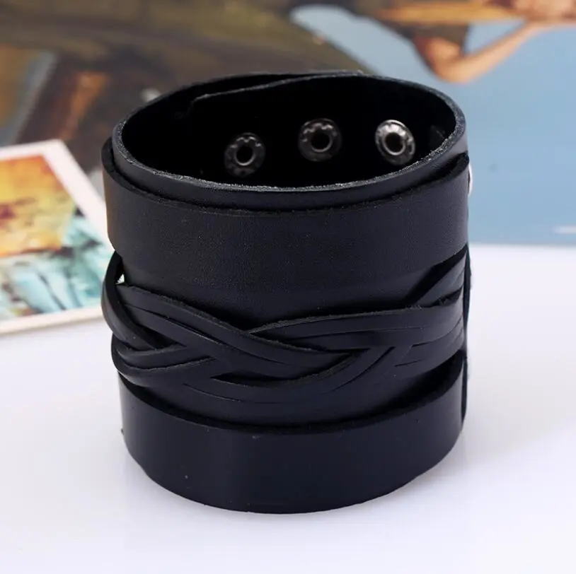 Punk style men's wide leather bracelet