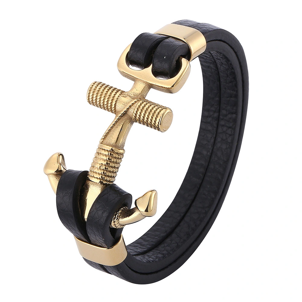 Popular men's stainless steel leather cord bracelet