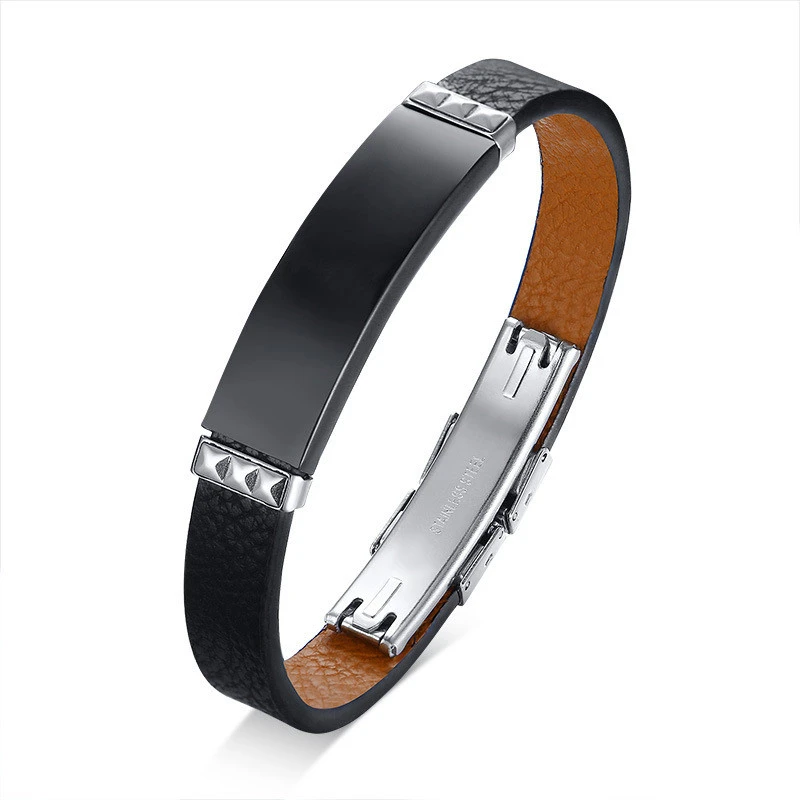 Stainless steel curved brand leather bracelet